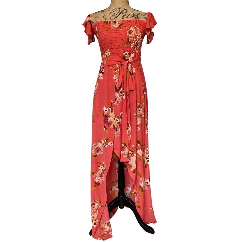 privy Coral Floral Off-the-Shoulder High-Low Maxi Dress with Tie Waist